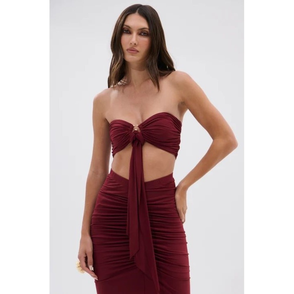Akira Burgundy Ruched Bandeau Crop Top Gold Hardware 1X Y2K Resort Glam Festival